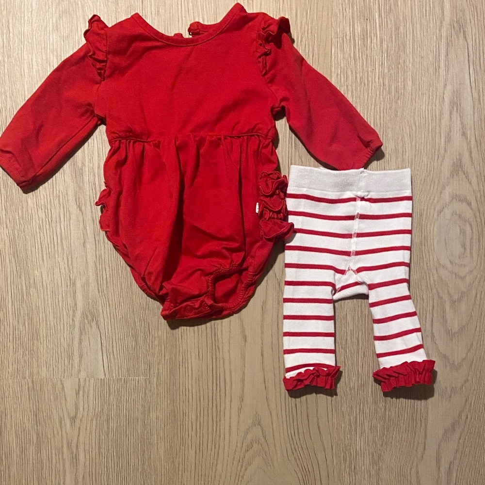 Red Baby Romper and Striped Leggings Set